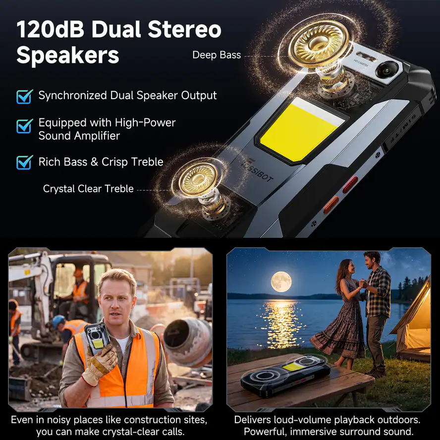 FOSSIBOT F106 Plus feature graphic: 120dB Dual Stereo