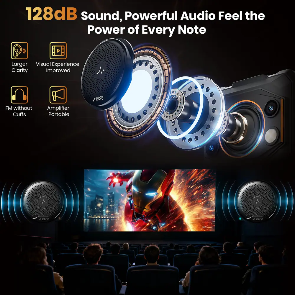 FOSSIBOT F110 Pro feature graphic: 128cB Sound, Powerful Audio Feel the