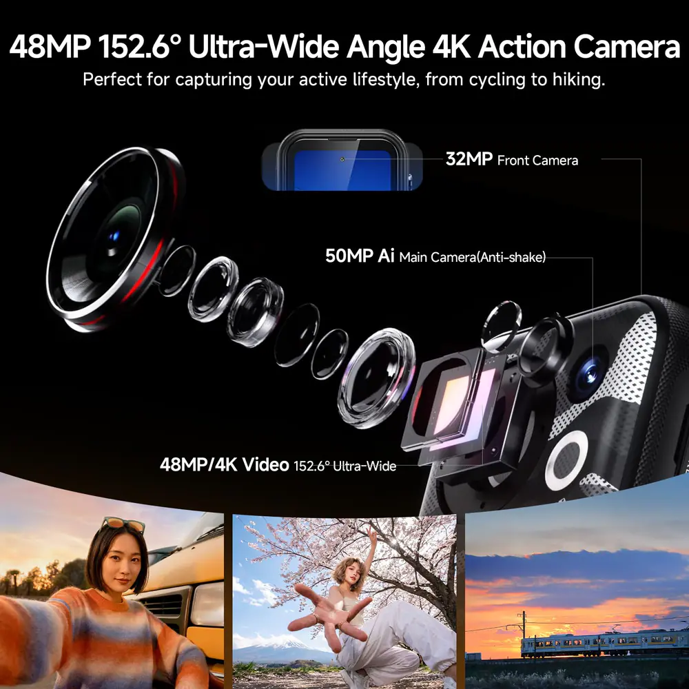 FOSSIBOT F116 Pro feature graphic: 48MP 152.6° Ultra-Wide Angle 4K Action Camera