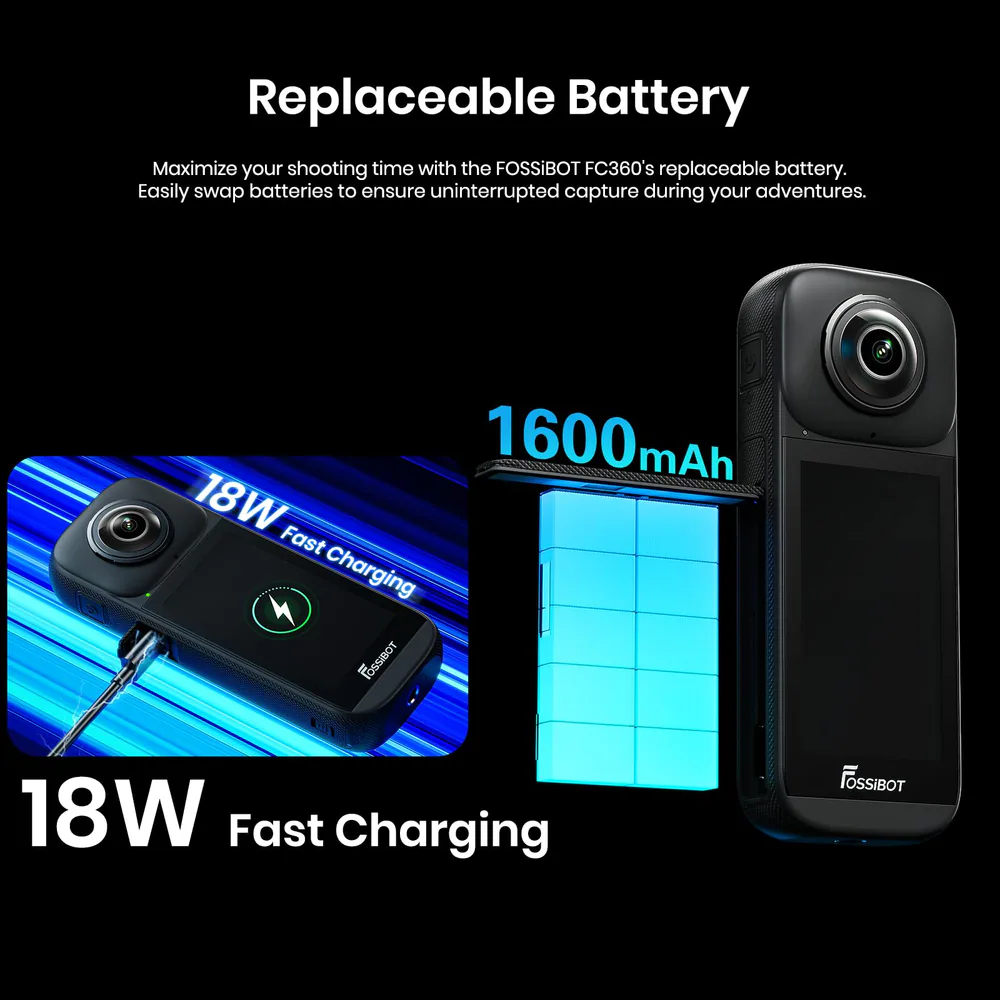 FOSSIBOT FC360° 360 Camera feature graphic: Replaceable Battery