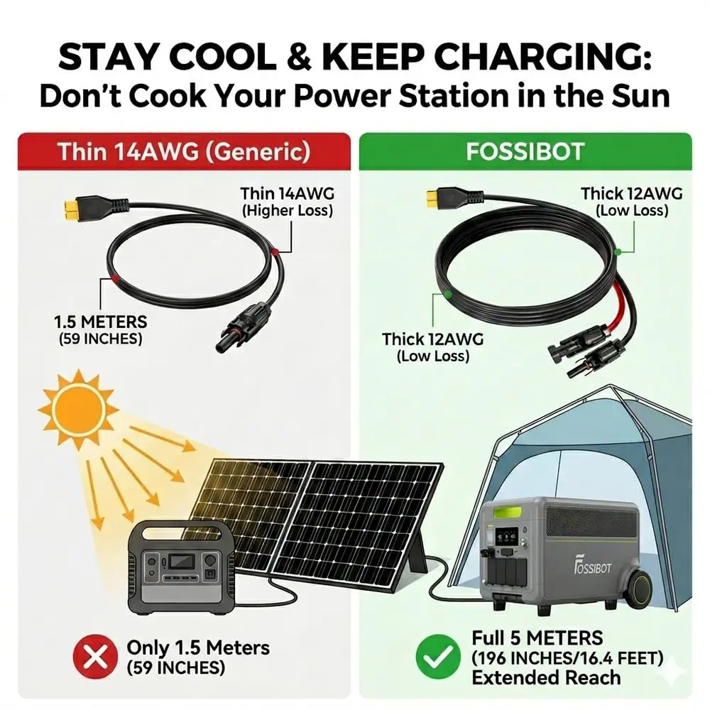 FOSSIBOT XT90 Solar Charging Cable feature graphic: STAY COOL & KEEP CHARGING